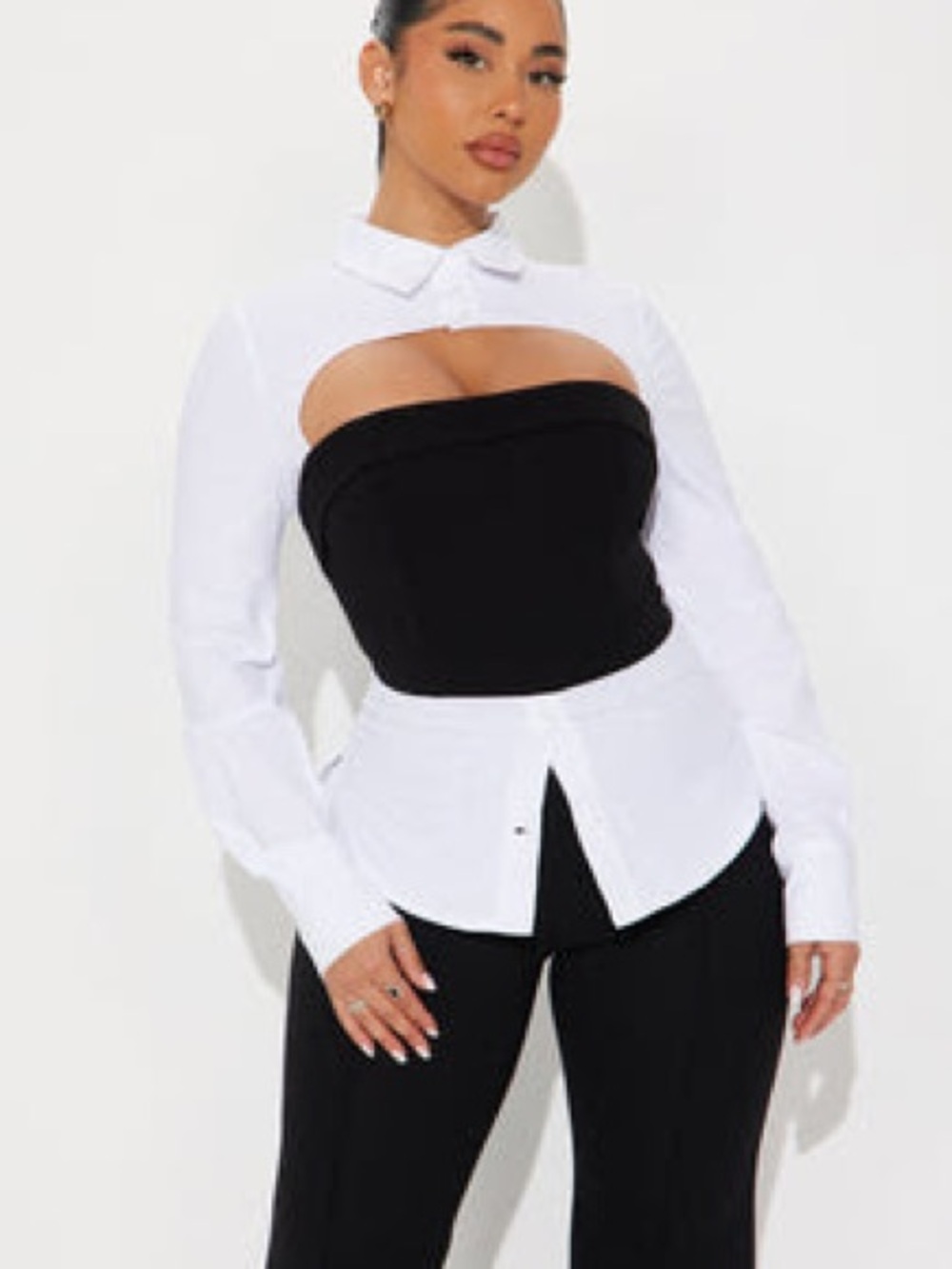 Fashion Nova White Button-Front Shirt with Black Strapless Bustier